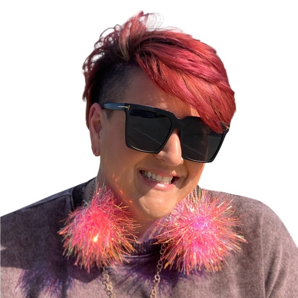 Mardi Gras Large Pom Pom Dangle Earrings Pink - Picture 3 of 3